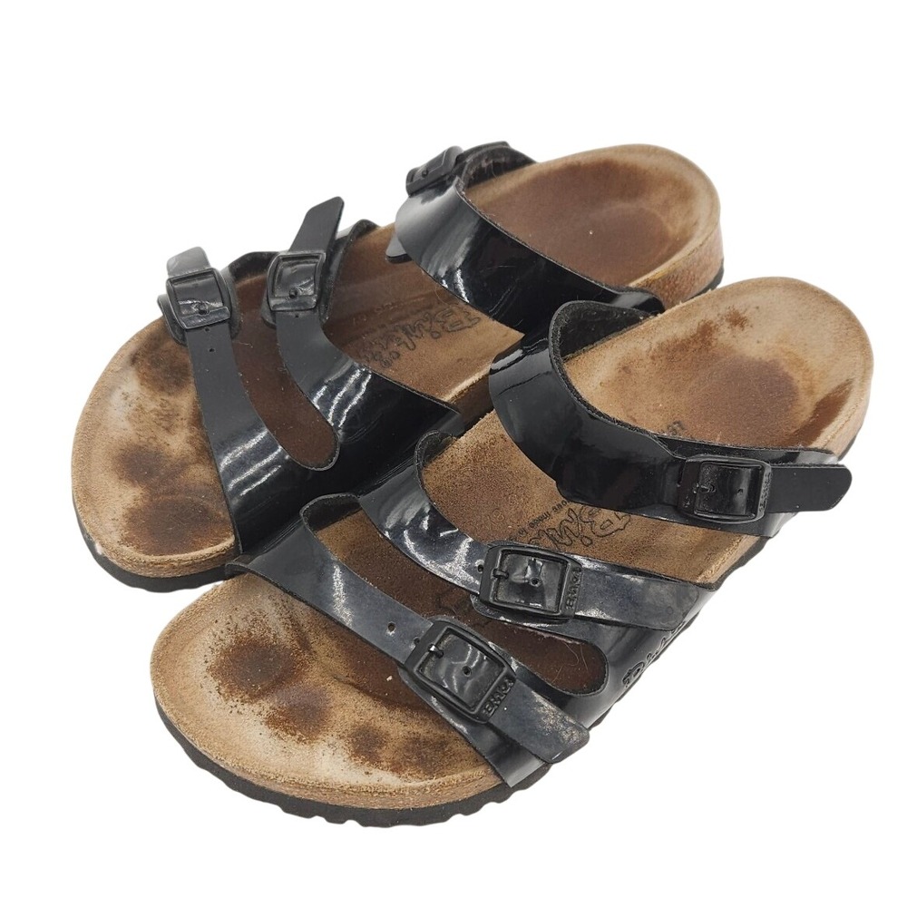 Birki's Florida Women's US 6 EU 37 Black Patent Triple Strap Slide Sandals Cork